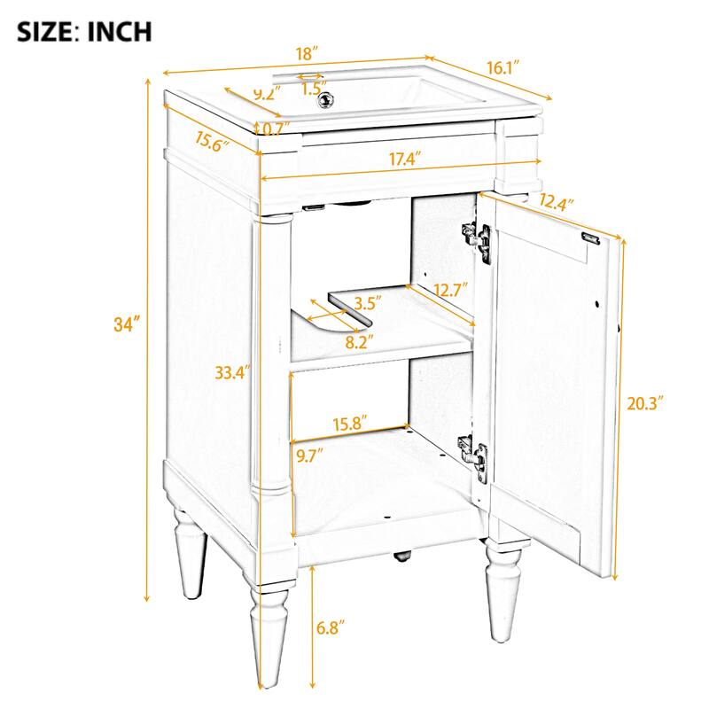 Freestanding Small-Space Cabinet with a Single Sink and Adjustable Shelf, 18" Modern Bathroom Vanity with Sink & Storage