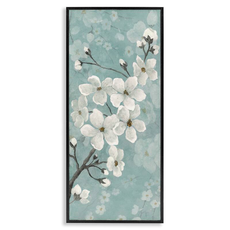 Stupell Cherry Blossoms on Green Framed Giclee Art Design By Janet Tava - 10 x 24 - Black