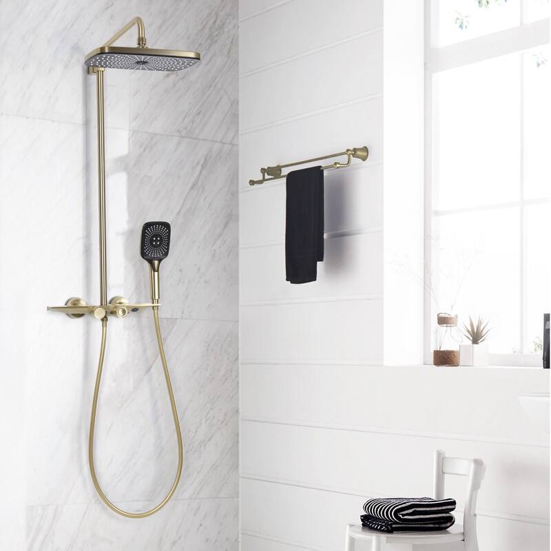 Exposed Pipe Tub and Shower System with Hand Shower Brass Thermostatic Brass Wall Mount Complete Shower Faucet with Tub Spout