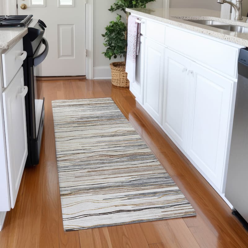 Machine Washable Indoor/ Outdoor Modern Stripe Chantille Rug - Ivory - 2'3" x 7'6"