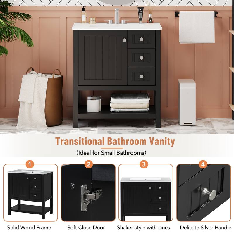 Bathroom Vanity with Ceramic Sink, Freestanding Bathroom Vanity with Soft Close Door, Solid Wood Sink Cabinet with Open Shelf