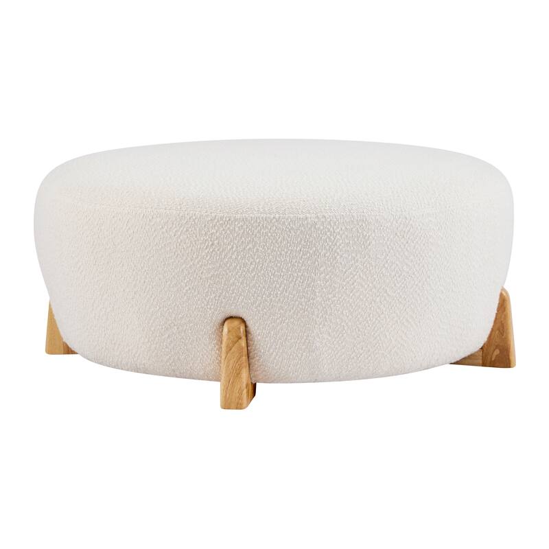 Modish White Round Boucle Ottoman with Splayed Rubber Wood Legs
