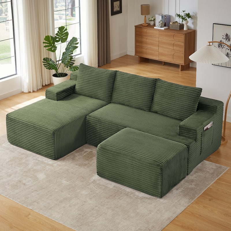 Corduroy Upholstery Cloud Modular Sectional Sofa with Chaise and Pillows, All-Foam Compression Design