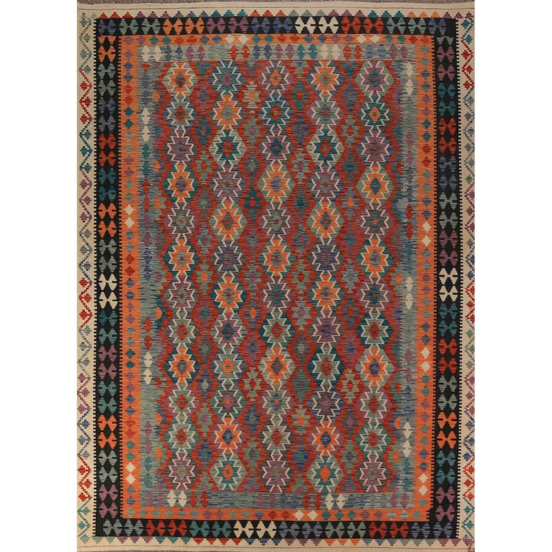 Geometric Kilim Area Rug Flatweave Wool Carpet - 8'8"x 11'10"