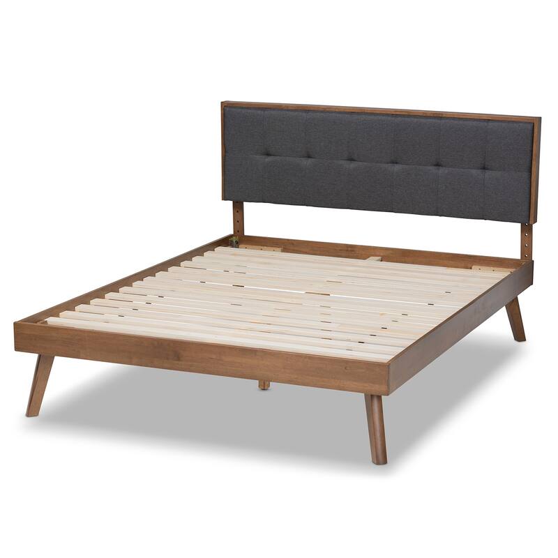 Queen Size Platform Bed - Upholstered Fabric Bed with Headboard & Slats - Dark Grey & Walnut Finish