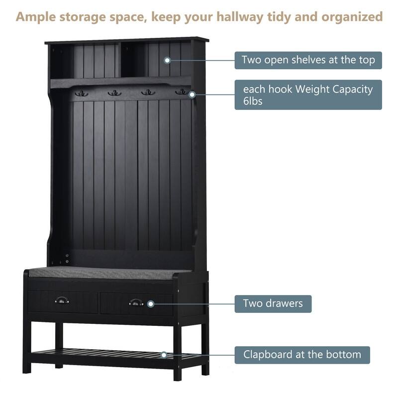 3-in-1 Design Hall Tree with 4 Hooks,Hinged Lid,Coat Hanger and Storage Bench