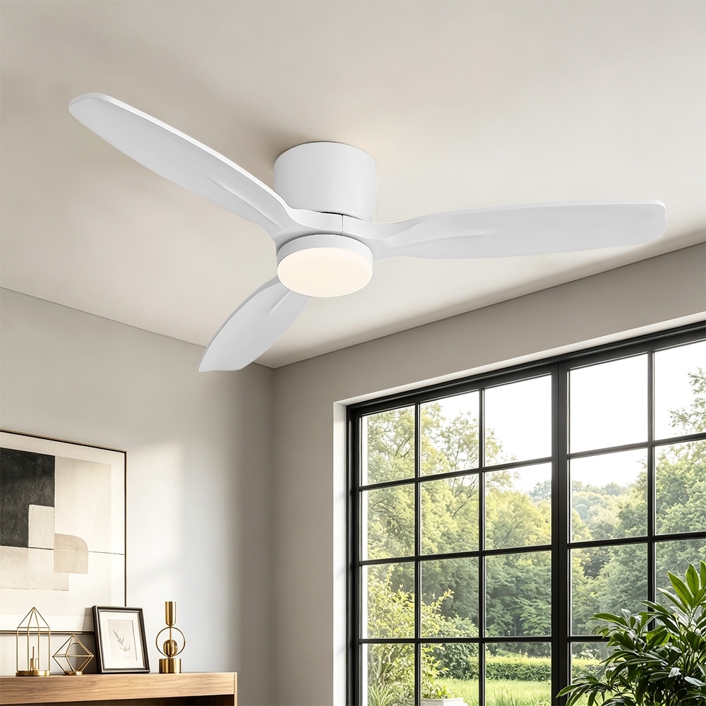 MLiAN 48 in. 3-Solid Wood Tone Blades Indoor Standard White Ceiling Fan Flush Mount with Remote and Integrated LED