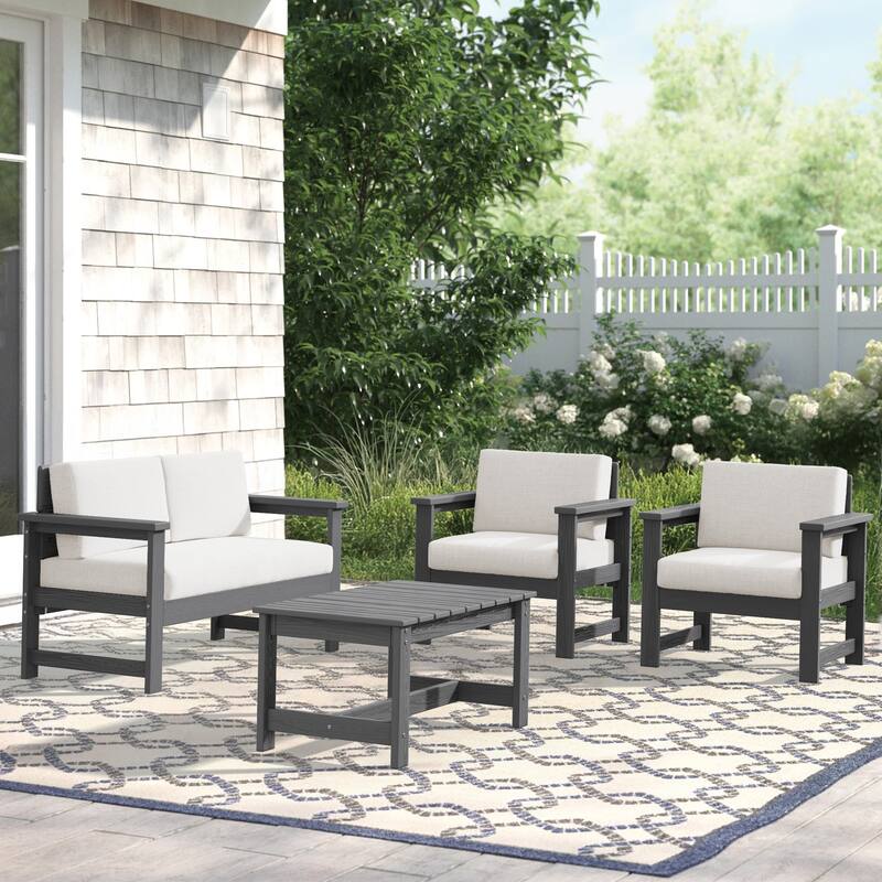 Outdoor Patio HDPE Sectional Sofa and Table Set, Removable Cushions Included, a Loveseat, 2 Single Sofas