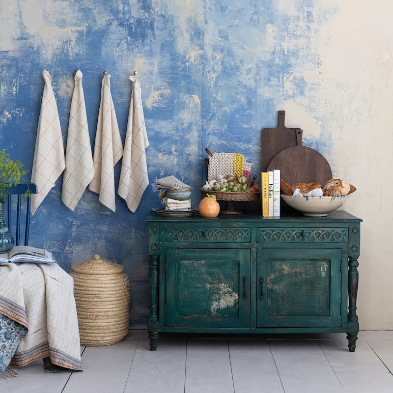 Distressed Hand-Painted Carved Mango Wood Vintage Reproduction Cabinet, Teal - 47.0"L x 20.0"W x 39.0"H