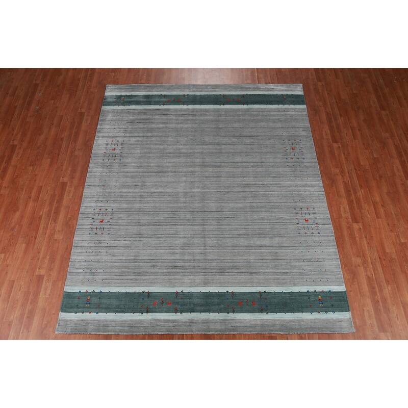 Tribal Gabbeh Indian Area Rug Hand-Knotted Grey Modern Wool Carpet - 8'0" x 9'8"