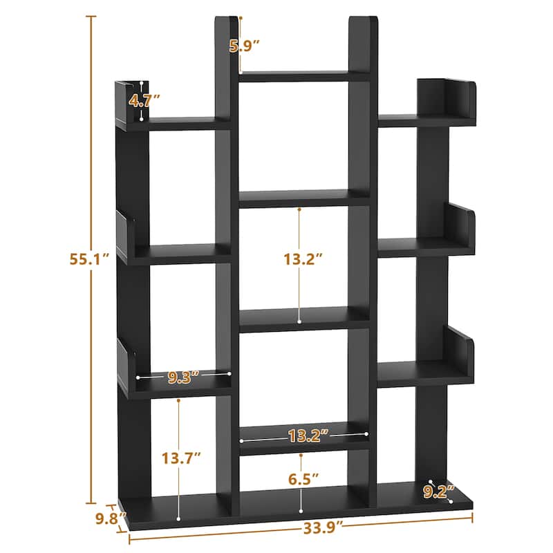 Industrial Wood Bookshelves with 13 compartments,Tree-Shaped Bookcase,Books Organizer Display Shelves