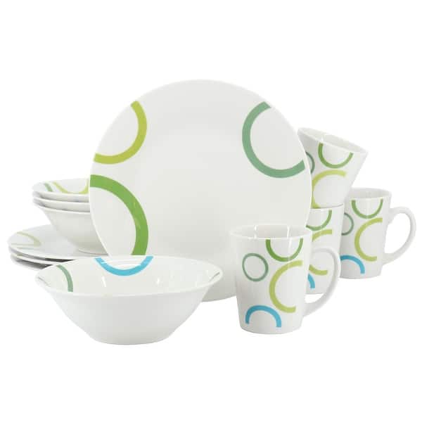 Gibson Home Green Loops 12 Piece Round Fine Ceramic Microwave Safe