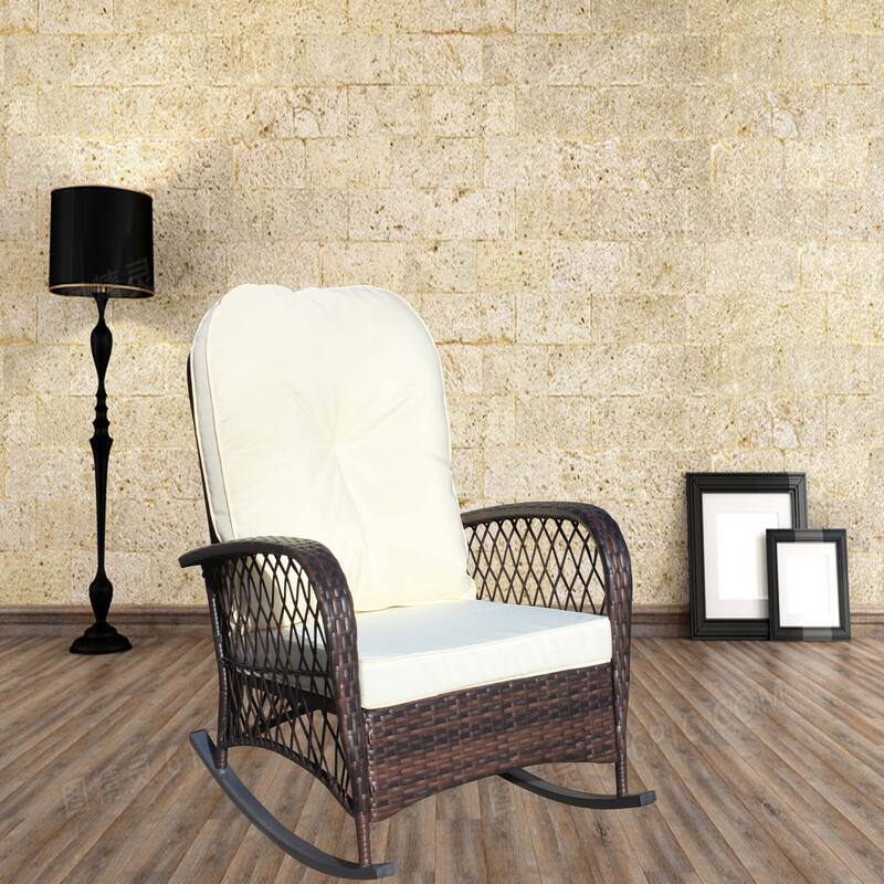 Outdoor Wicker Rocking Chair with Wide Seat, Thick, Soft Cushion, Rattan Rocker w/Steel Frame, High Weight Capacity - Brown+Beige