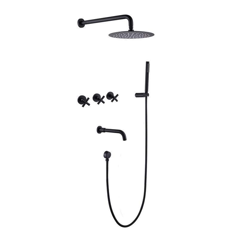 10" Solid Brass Wall Mounted Shower System with Tub Spout and 3-Cross Handles - Matte Black