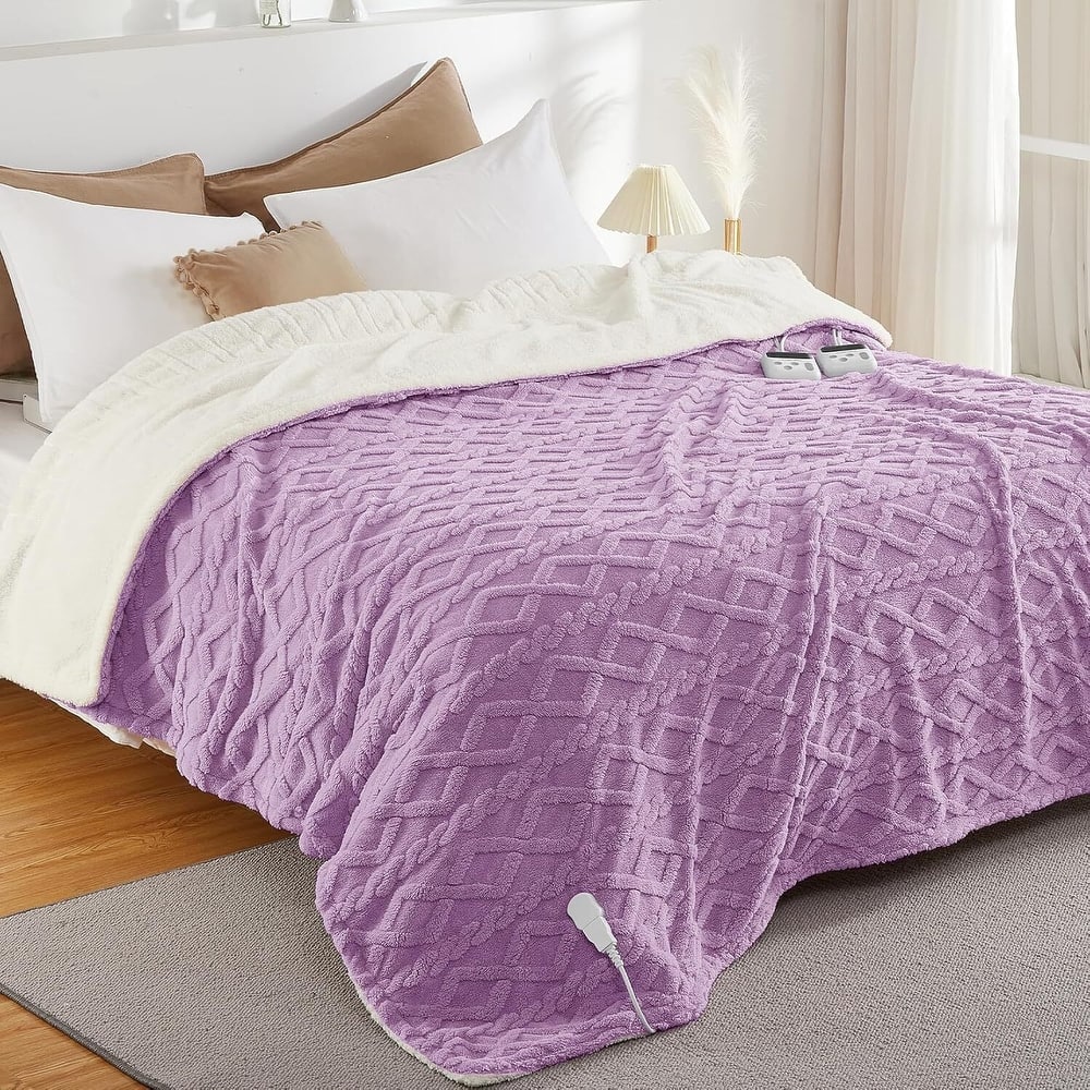 Tufted Sherpa Electric Blanket with 6 Heating Levels for Living Room, Bedroom, Purple