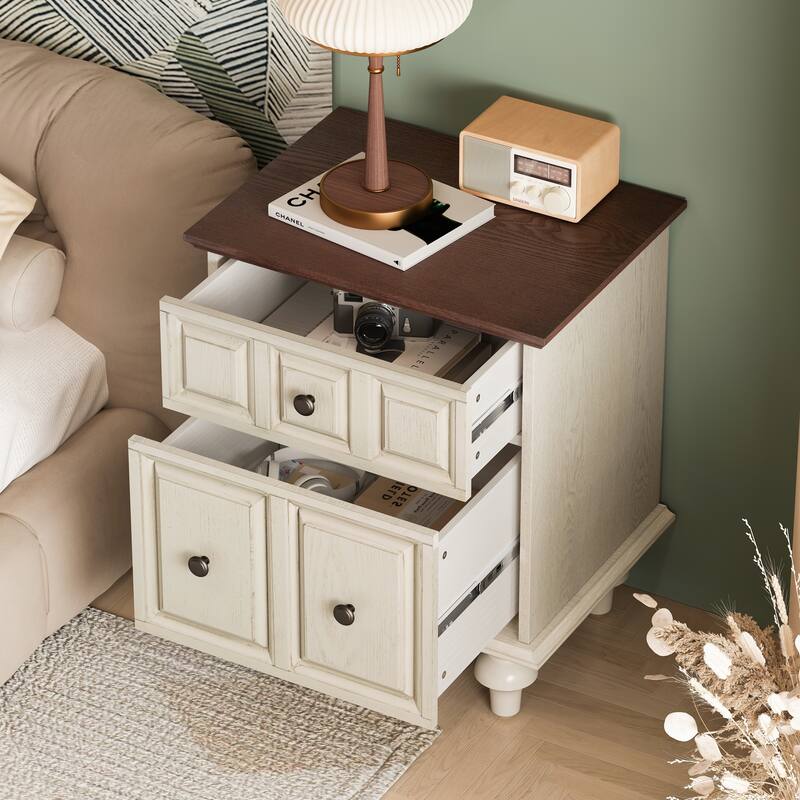 20.47"Vintage Nightstand with 2 Drawers(Antique White)(Set of 2)