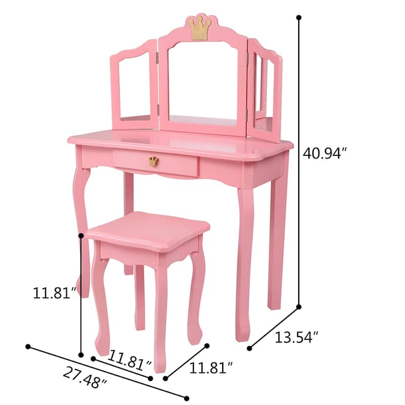Kids Three-Sided Folding Mirror Dressing Table with Stool