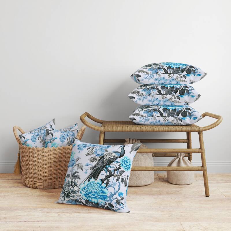 Peacock Panache Faux Suede Reversible Throw Pillow Blue and Grey