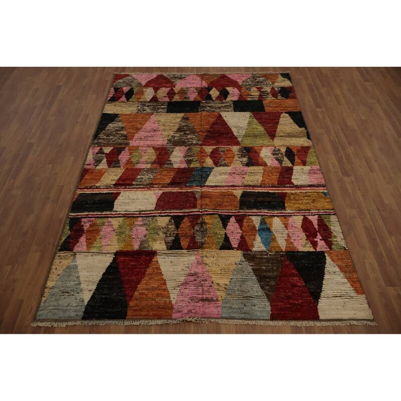 Hand Knotted Oriental 100% Wool Carpet Modern Tribal Multi-Colored Moroccan Area Rug - 9' 7'' X 6' 10''