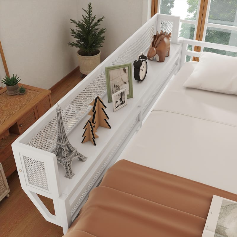 Full/Queen Size Metal Loft Bed with Storage Shelves, Guardrails, and Ladder, Space-Saving High Loft Bed for Kids and Teens