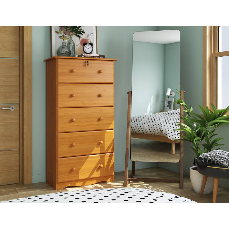 Palace Imports 100% Solid Wood 5-Jumbo Drawer Chest with Lock - Honey Pine