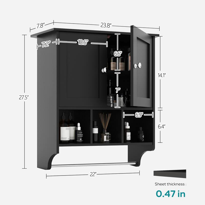 Anmytek Wall Mounted Storage Cabinet Black Modern Kitchen Bathroom Organizer with Hanging Bar