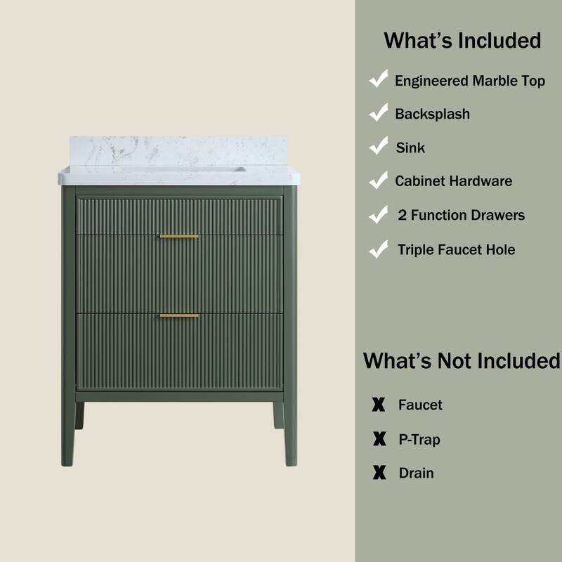 Modland 30" Freestanding Bathroom Vanity with Carrara Marble Top - Soft-Close Drawers,Green / Grey - 30 inch