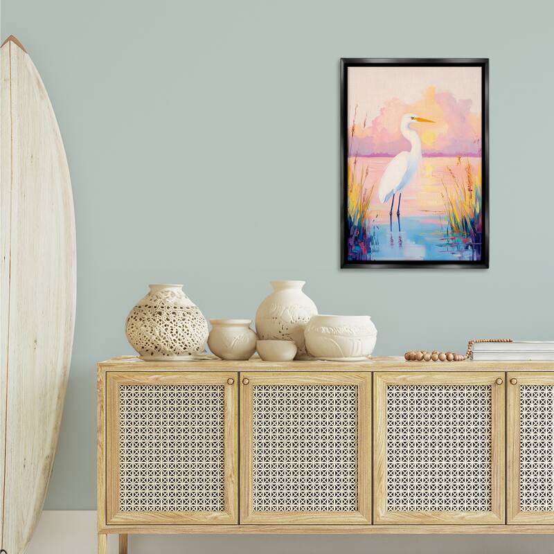 Stupell Egret under Beaming Sunset Framed Floater Canvas Wall Art Design By Arlington Prints
