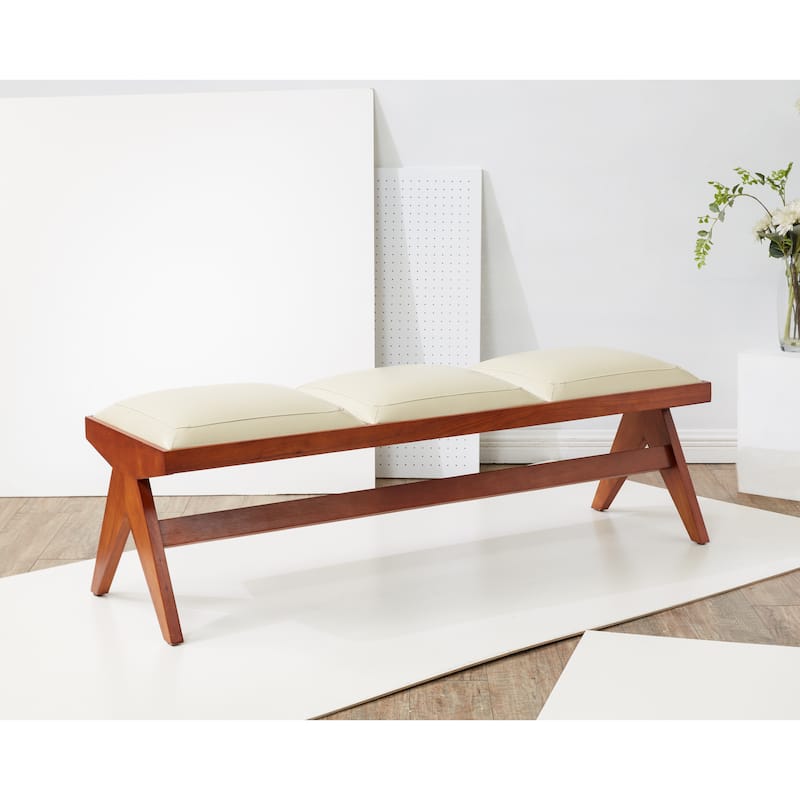 SAFAVIEH Couture Wubbina Vegan Leather Bench - 58 In W x 18 In D x 19 In H - 58Wx18Dx19H - Cream/Walnut