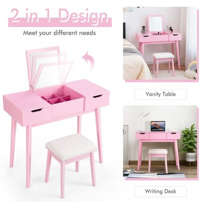 Makeup Vanity Table Set with Flip Top Mirror and 2 Drawers - 35.5" x 16" x 30" (L x W x H)