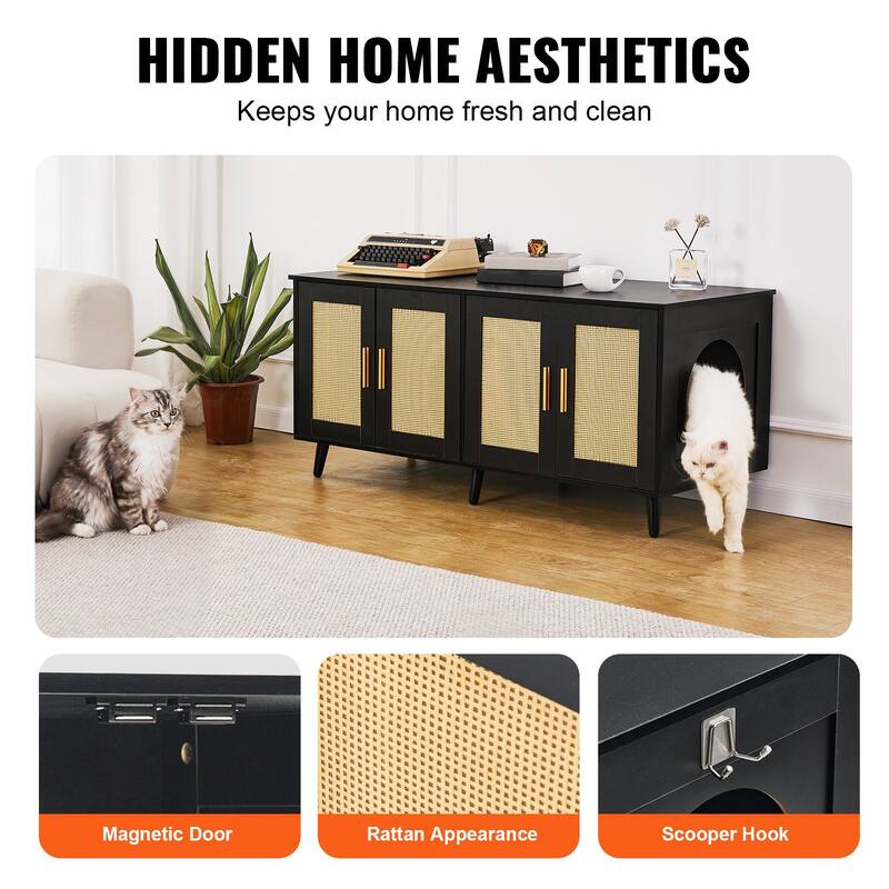 Multi-Functional Cat Litter Box Enclosure Furniture Hidden with 2 Windows and 4 Doors