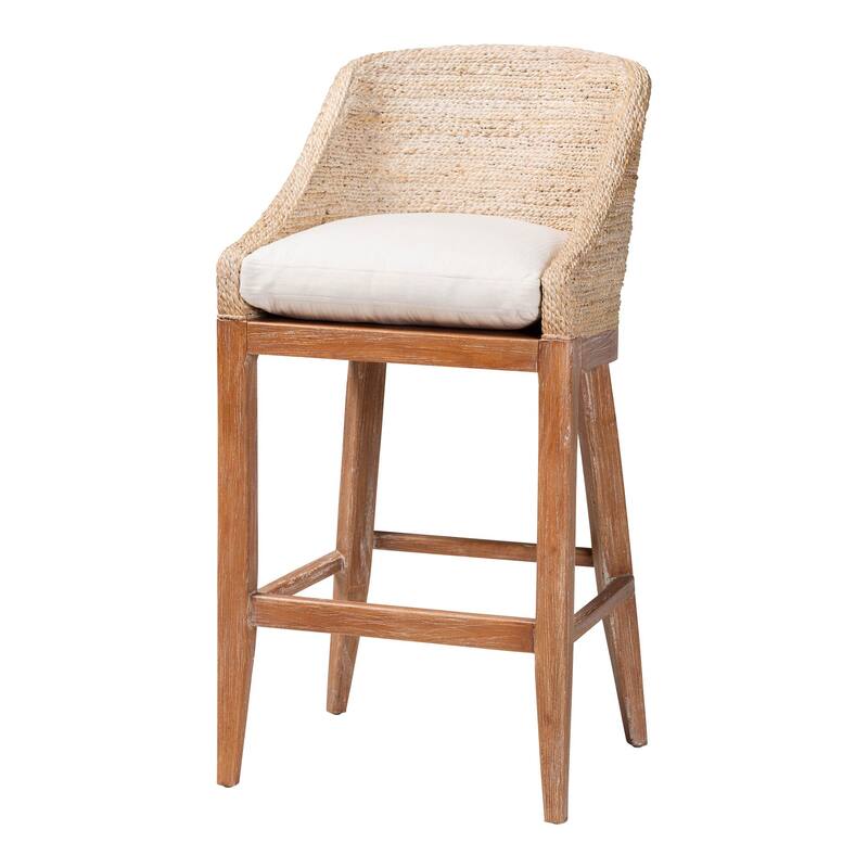 Jasper Seagrass Bar Stool with Mahogany Wood Frame - Coastal Seating with Woven Wingback and Cushioned Seat for Bar Island - White Wash