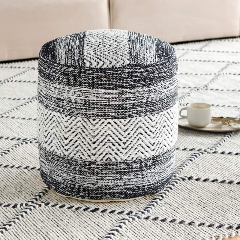 Surya Nessa Woven Heathered Stripe 16-inch Cylinder Pouf - Black