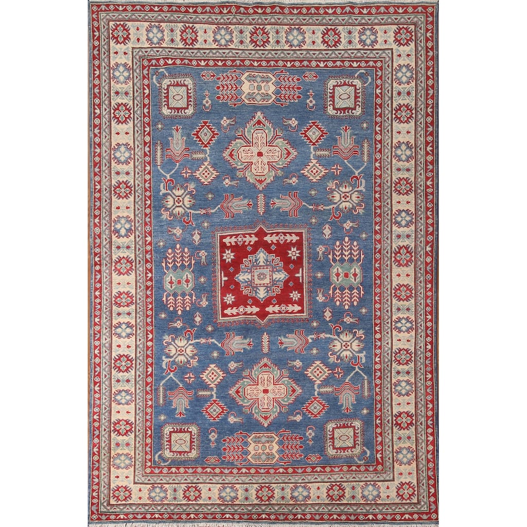 Geometric Kazak Area Rug Hand-Knotted Blue Wool Carpet - 6'7" x 9'8"