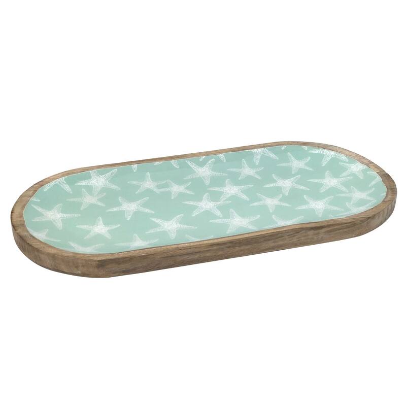 Large Wood/Enamel Oblong Starfish Prt Tray Mango Wood Printed Paper Enamel Serving Tray Coastal Nautical Beach Sea Life - Green
