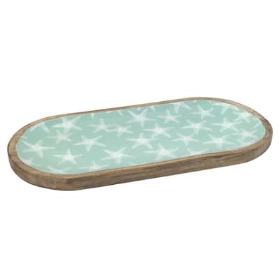 Large Wood/Enamel Oblong Starfish Prt Tray Mango Wood Printed Paper Enamel Serving Tray Coastal Nautical Beach Sea Life - Green