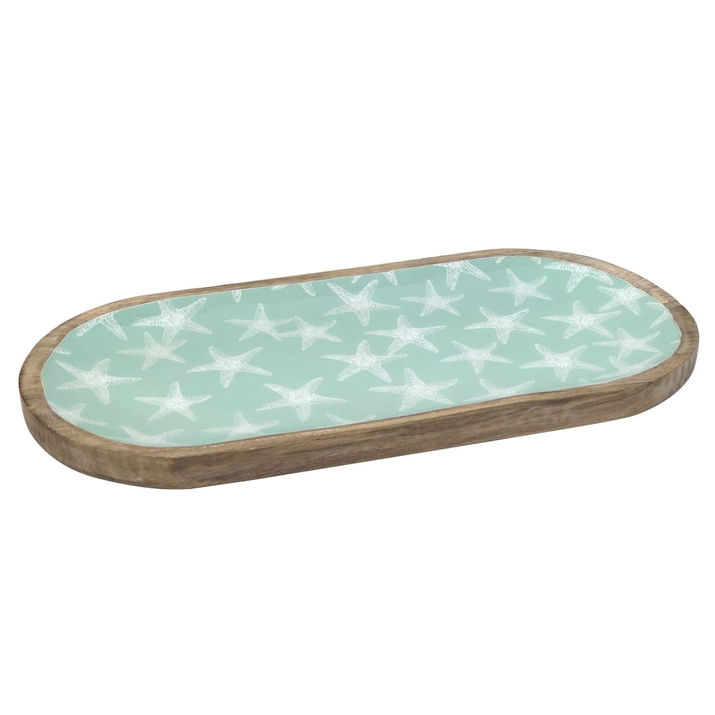 Large Wood/Enamel Oblong Starfish Prt Tray Mango Wood Printed Paper Enamel Serving Tray Coastal Nautical Beach Sea Life - Green