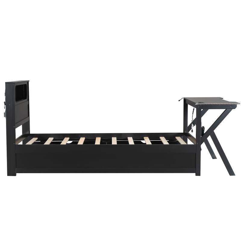Wooden Gaming Platform Bed with LED Headboard, LED Desk, USB and 2 Storage Drawers, Black Bed Frame