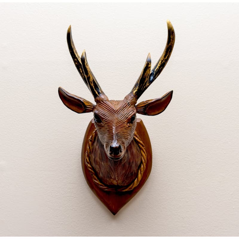 15" Deer Wall Hanging Decor Head Sculpture Art Decorative Home Decor Accent Lodge Wooden Handmade Figurine Handcrafted Decor