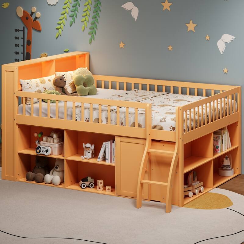 Roomfitters Full/Queen Loft Bed with Storage Shelves and LED Headboard - Natural - Queen