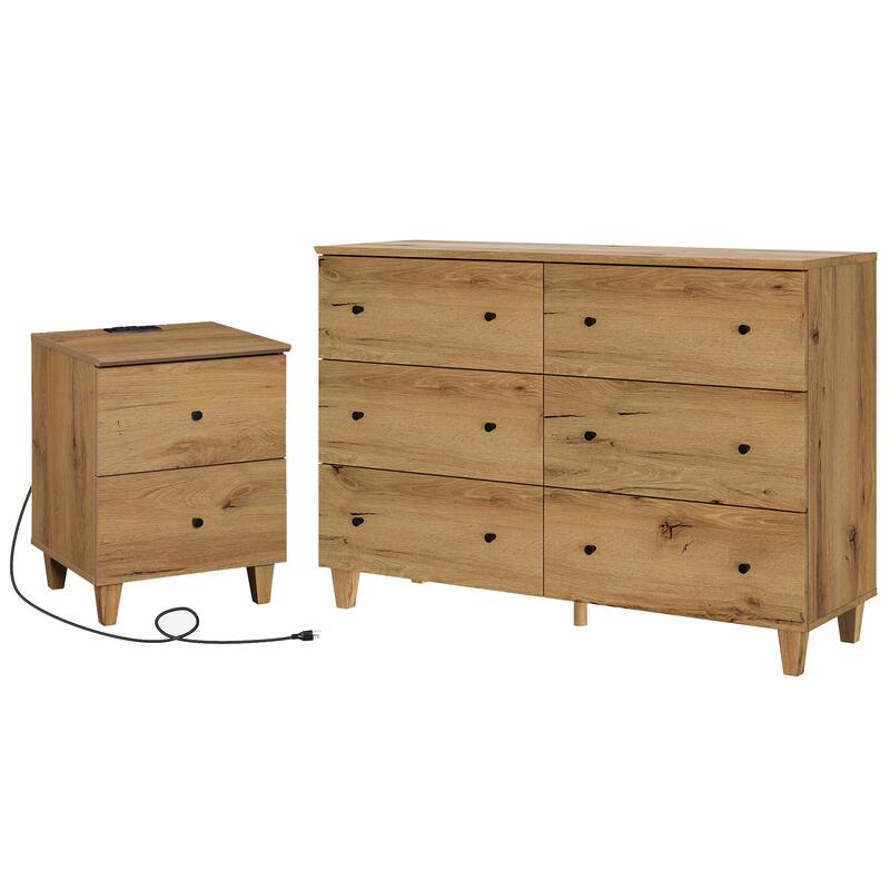 Bedroom 6-Drawer Wood Dresser and Charging Nightstand Set - Oak Brown - 2 Piece