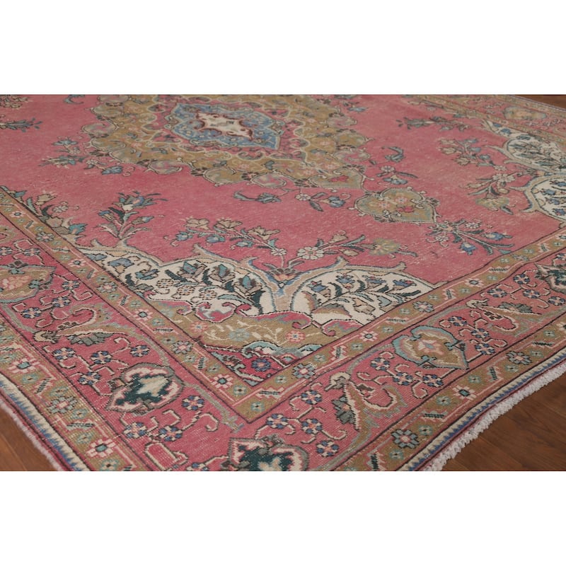 Pink Tabriz Vintage Persian Rug Hand-Knotted Wool Carpet - 8'3" x 10'10"