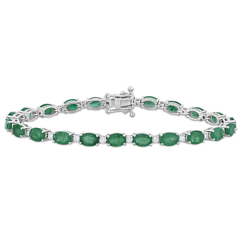 Miadora 9 3/8ct TGW Oval-cut Emerald 7/8ct TDW Diamond Tennis Bracelet in 14k White Gold