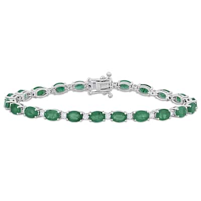 Miadora 9 3/8ct TGW Oval-cut Emerald 7/8ct TDW Diamond Tennis Bracelet in 14k White Gold