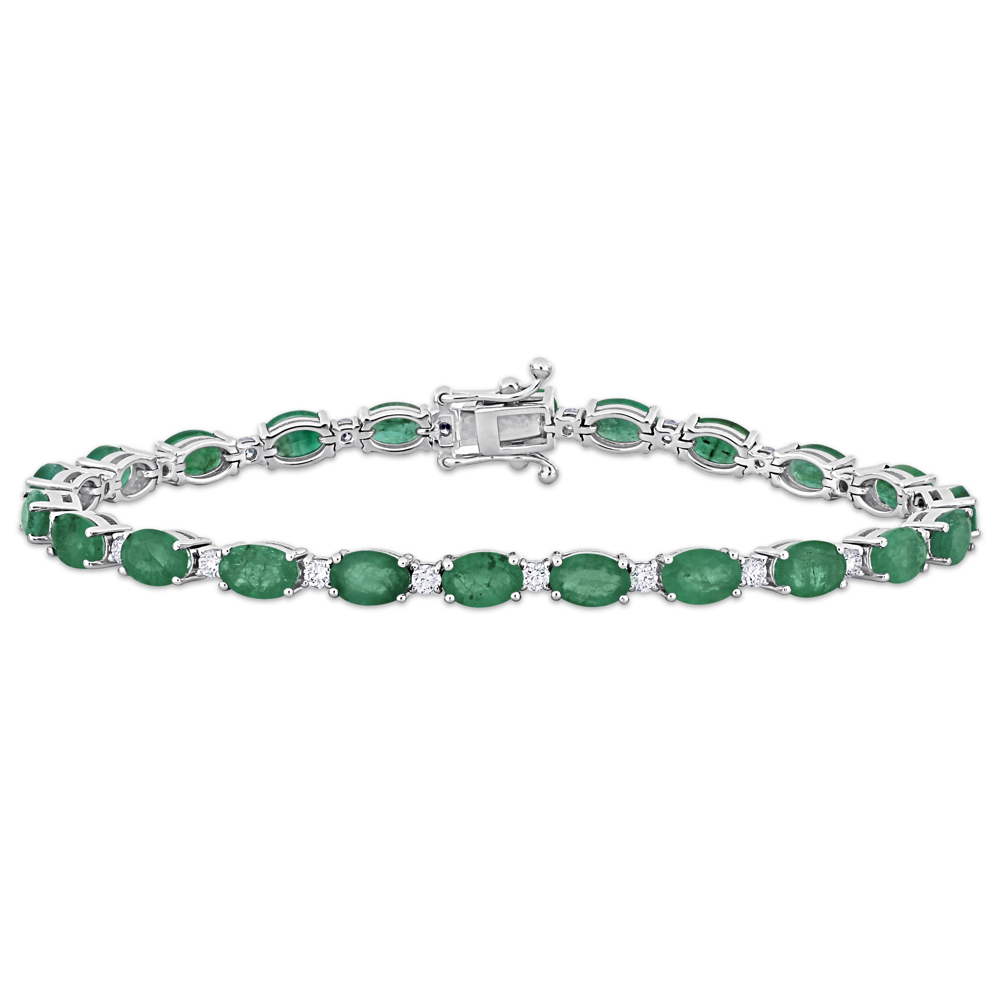 Miadora 9 3/8ct TGW Oval-cut Emerald 7/8ct TDW Diamond Tennis Bracelet in 14k White Gold