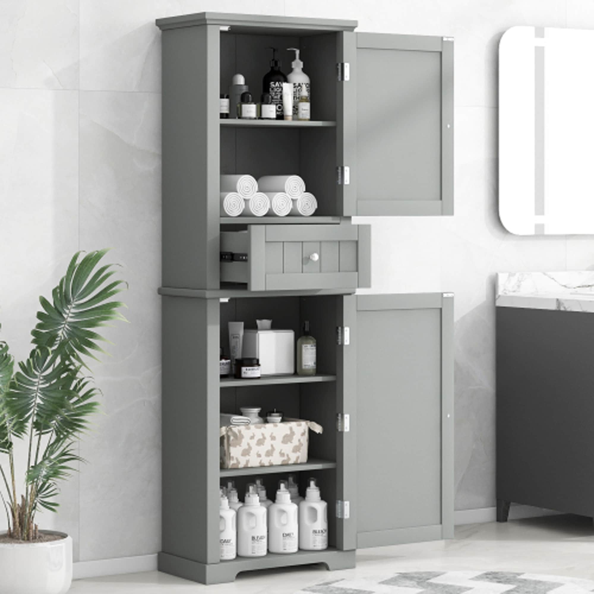 Freestanding Tall Bathroom Storage Cabinet with Drawer and Adjustable Shelf MDF Board with Painted Finish