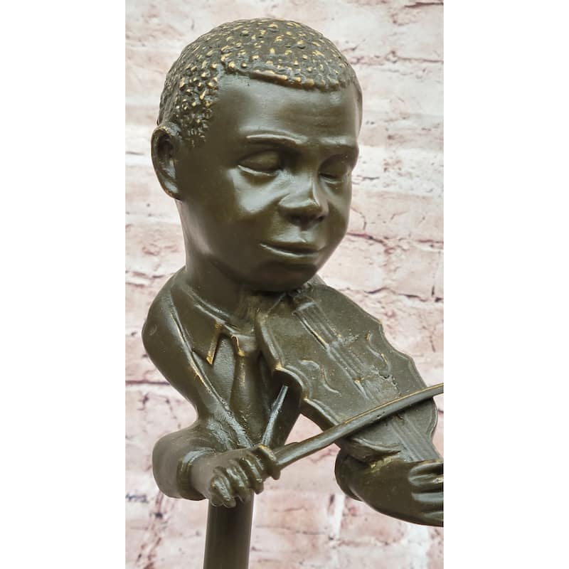 Bronze Boy Playing Violin Sculpture – Musical Bust On Marble Base