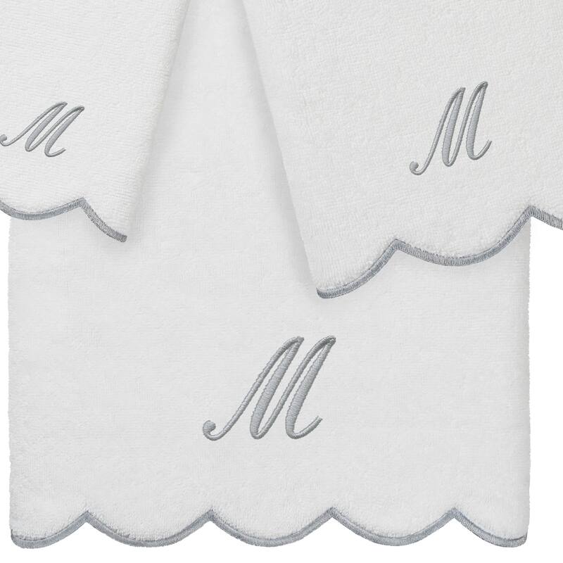 Authentic Hotel and Spa 100% Turkish Cotton Grey ADORNIA Scallop Personalized 3 Piece Towel Set - 3 Piece Set