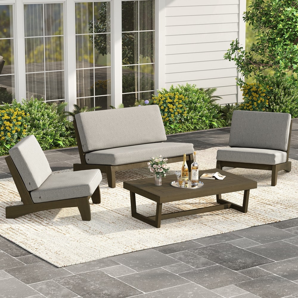 4 Piece Outdoor Wood Loveseat Chair Conversation Set with Cushion