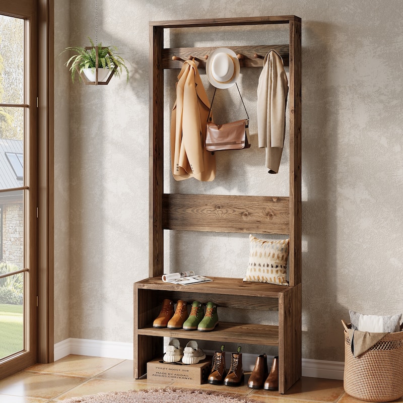 Solid Wood Entryway Hall Tree With Storage Bench And 7 Hooks